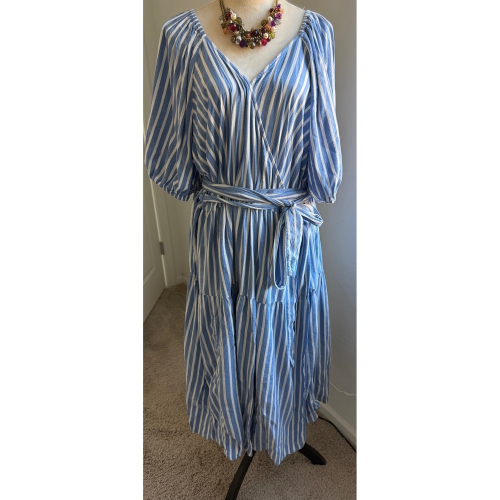 Old Navy Blue White Striped Puff Sleeve Maxi Wrap Cotton Blend Dress 3X